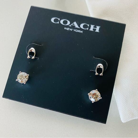 NEW COACH Silver White Bag Card CZ Signature And Stone Stud Earrings Set 2 - Picture 2 of 7